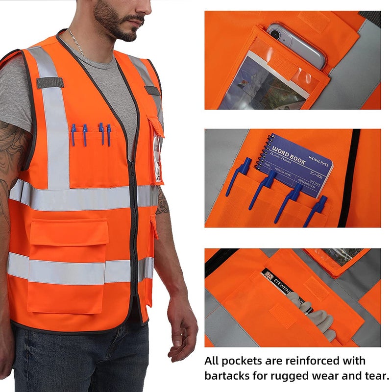 Dib Safety Reflective Vest ANSI Class 2, High Visibility Vest with Pockets and Zipper, Hi Vis Orange L - Image 3